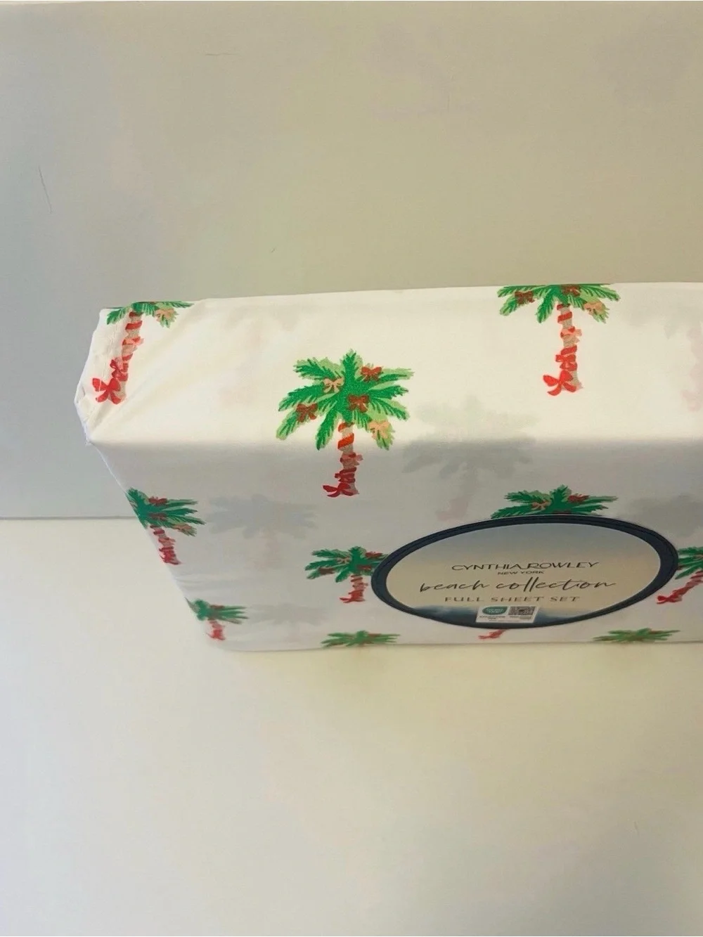 Cynthia Rowley Beach Collection Full Size Sheet Set Bows on Palm Trees